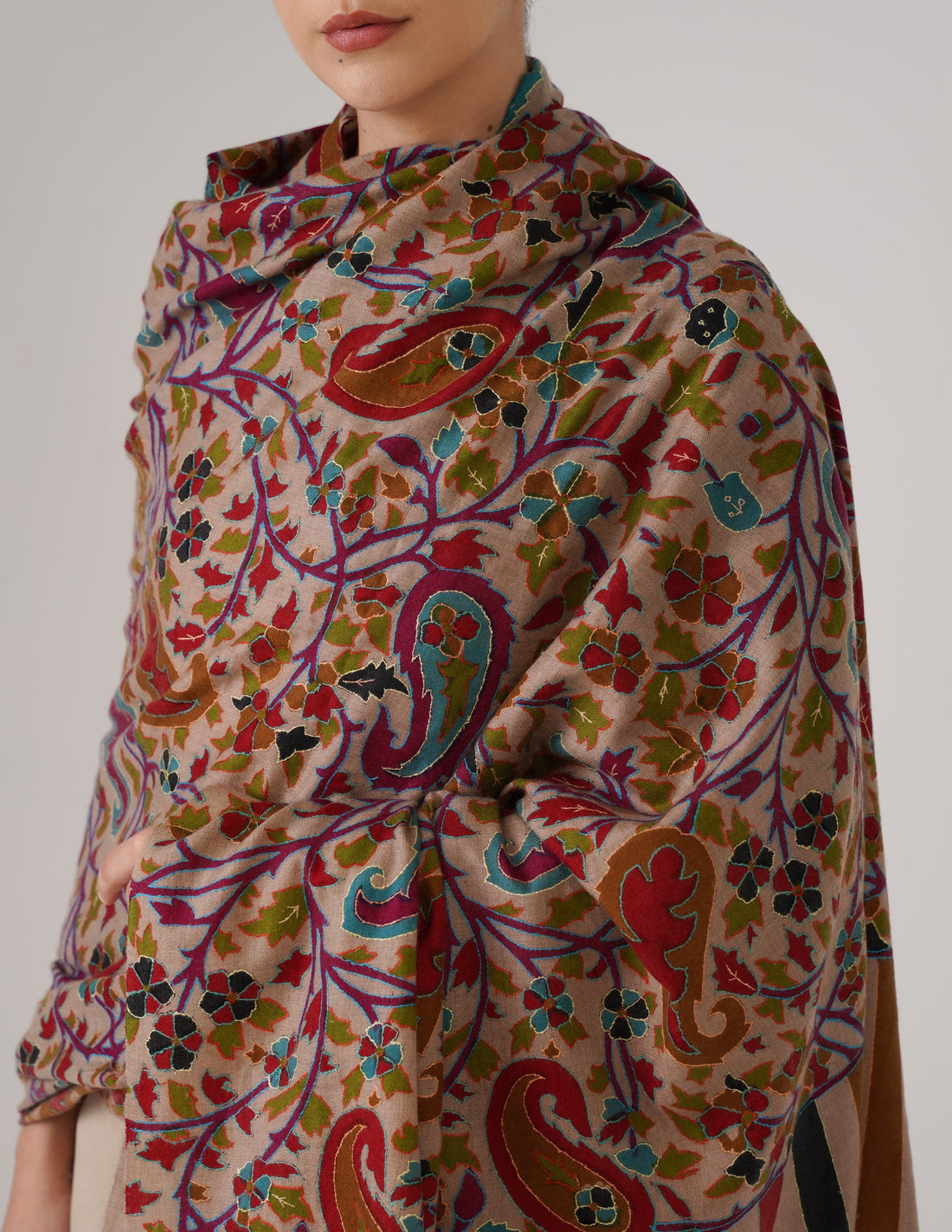 Kashmiri Handwoven Kani Embroidered Pashmina Shawl – Natural | Kalamkari Heritage - Kashmir Box