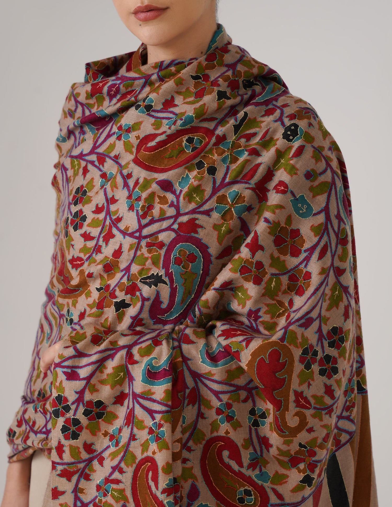 Kashmiri Handwoven Kani Embroidered Pashmina Shawl – Natural | Kalamkari Heritage - Kashmir Box