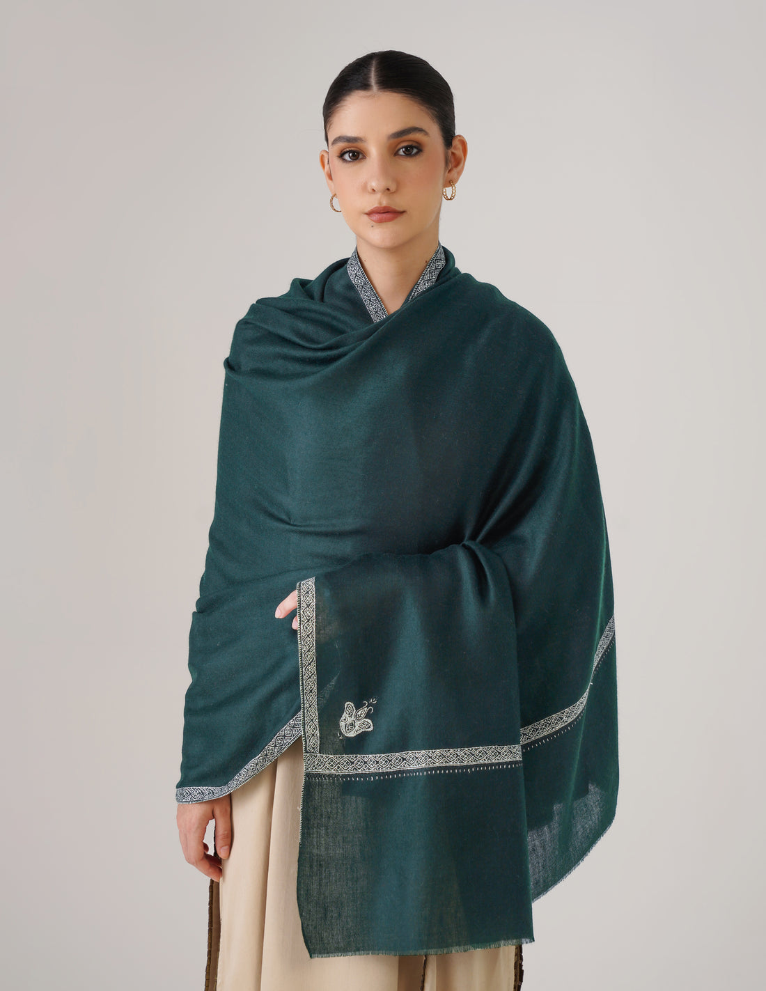 Kashmiri Handwoven Pashmina Sozni Shawl Hashidaar – Bottle Green | Light Green &amp; Black Heritage