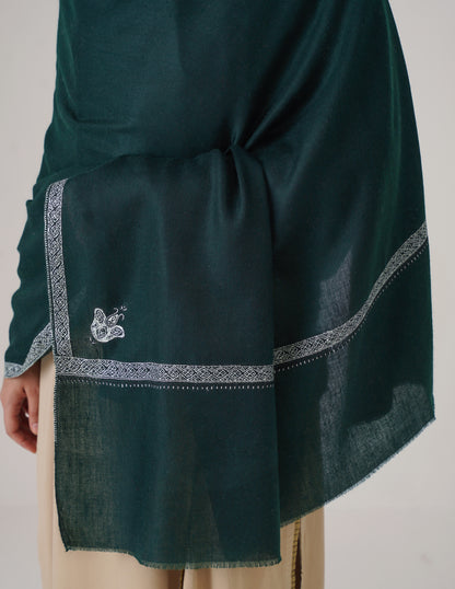 Kashmiri Handwoven Pashmina Sozni Shawl Hashidaar – Bottle Green | Light Green &amp; Black Heritage