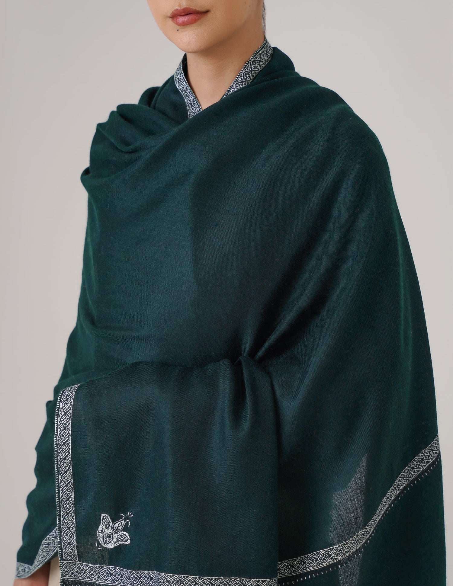 Kashmiri Handwoven Pashmina Sozni Shawl Hashidaar – Bottle Green | Light Green &amp; Black Heritage - Kashmir Box