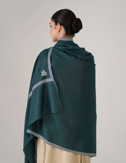 Kashmiri Handwoven Pashmina Sozni Shawl Hashidaar – Bottle Green | Light Green &amp; Black Heritage