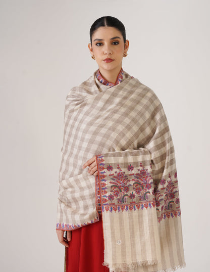 Kashmiri Handwoven Pashmina Striped Sozni Shawl Paldaar – White | Handwoven Heritage
