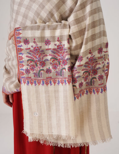 Kashmiri Handwoven Pashmina Striped Sozni Shawl Paldaar – White | Handwoven Heritage