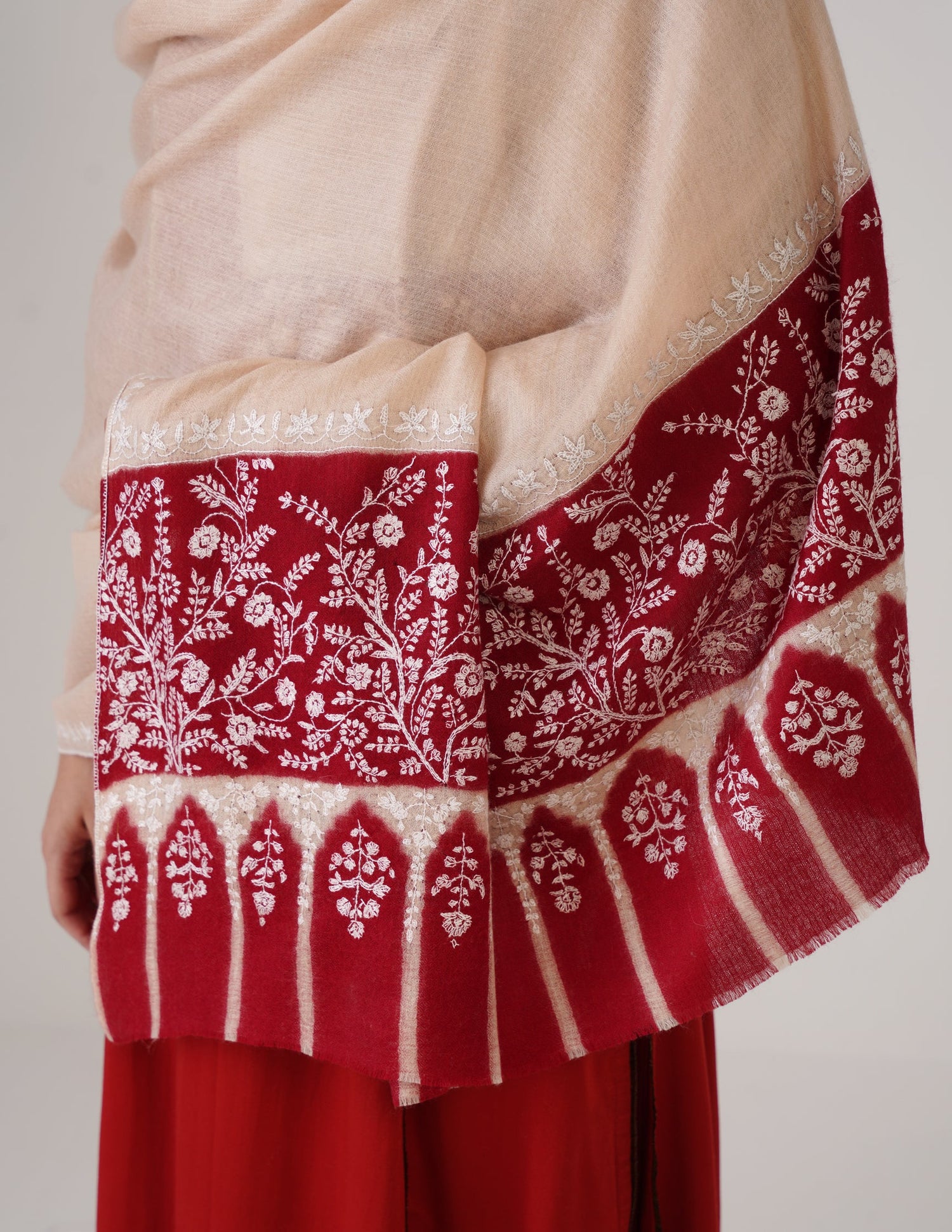 Kashmiri Handwoven Pashmina Sozni Shawl Modern Design – Almond | White Heritage - Kashmir Box