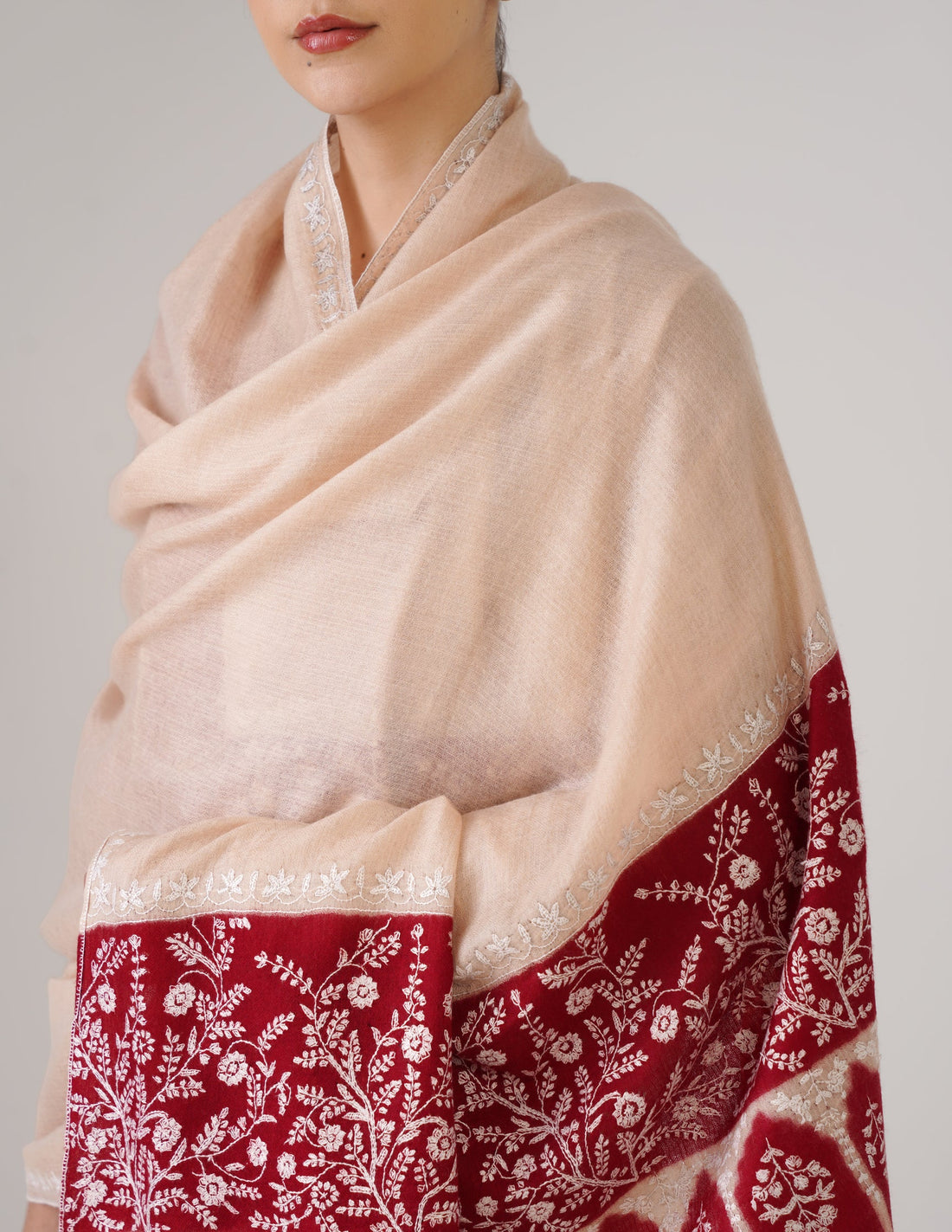 Kashmiri Handwoven Pashmina Sozni Shawl Modern Design – Almond | White Heritage - Kashmir Box