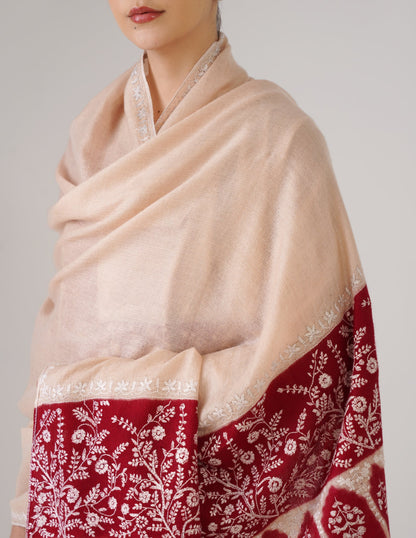 Kashmiri Handwoven Pashmina Sozni Shawl Modern Design – Almond | White Heritage - Kashmir Box