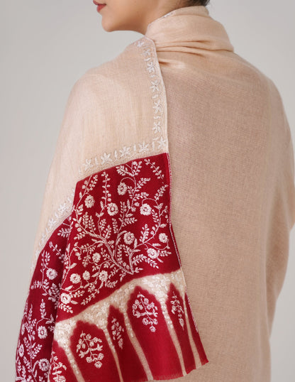 Kashmiri Handwoven Pashmina Sozni Shawl Modern Design – Almond | White Heritage - Kashmir Box