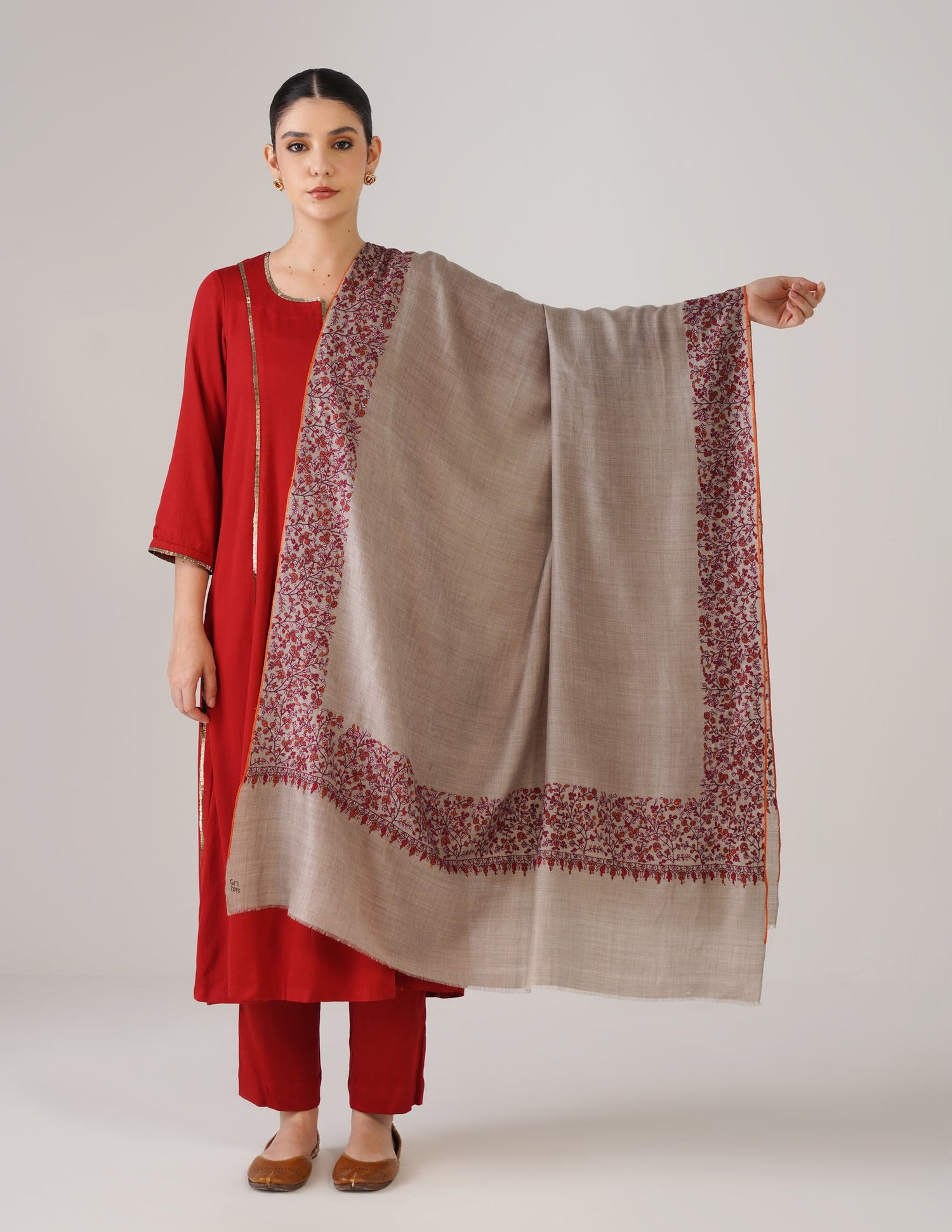 Kashmiri Handwoven Pashmina Sozni Shawl Paldaar – Grey | Multicolour Heritage - Kashmir Box