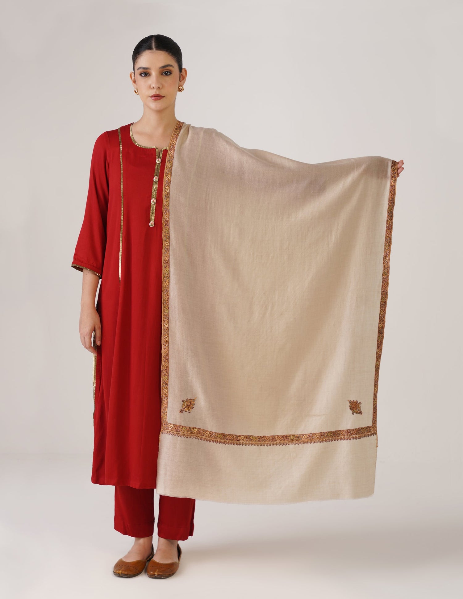 Kashmiri Handwoven Pashmina Sozni Stole Hashidaar – Off White | Multicolour Heritage - Kashmir Box