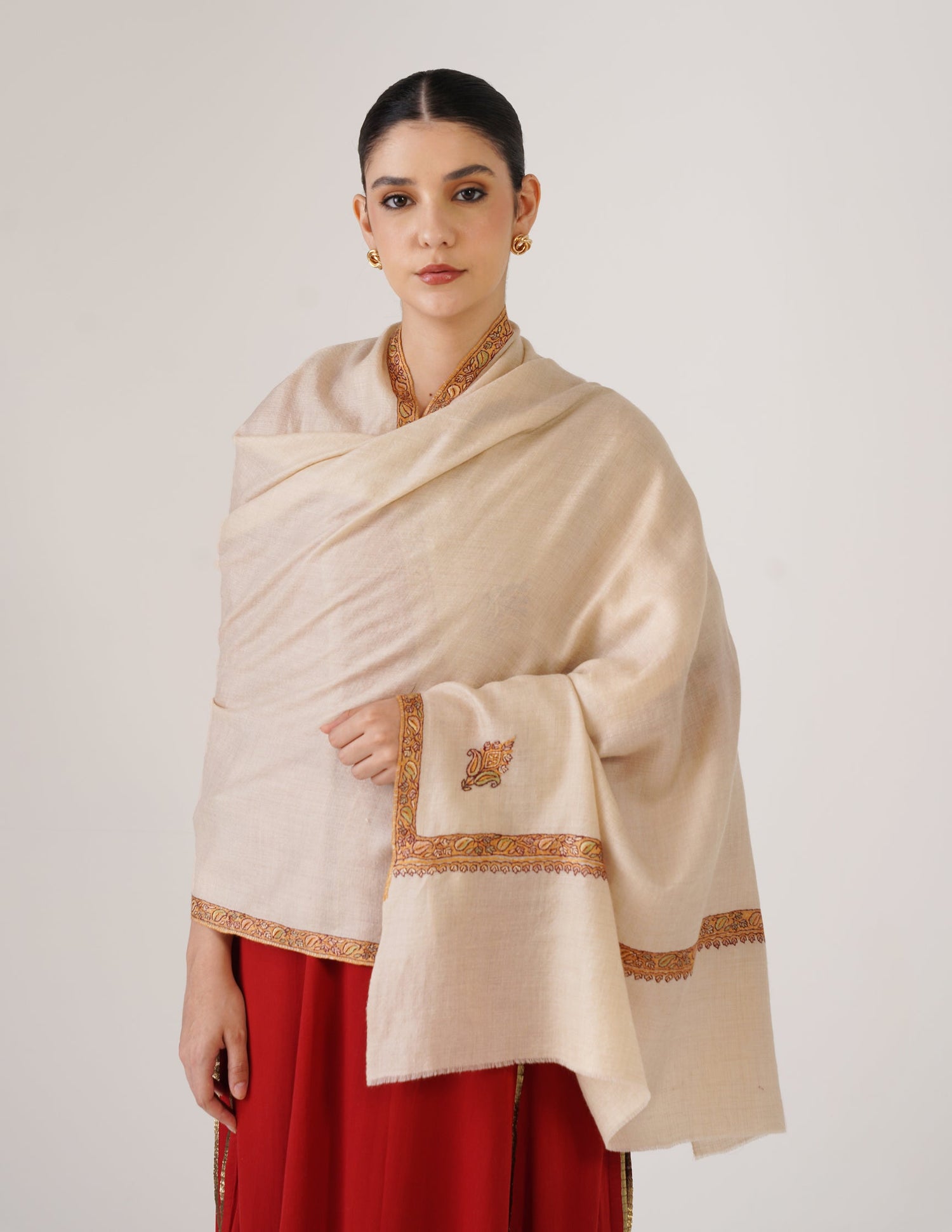 Kashmiri Handwoven Pashmina Sozni Stole Hashidaar – Off White | Multicolour Heritage - Kashmir Box