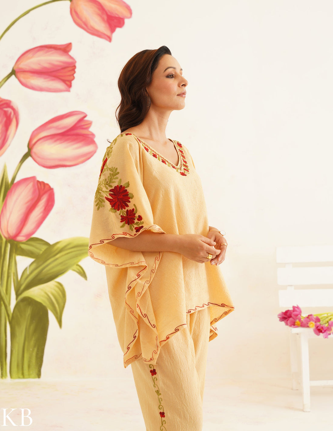 Butter Yellow Aari Embroidered Cotton Kaftan Set | Comfortable Loose-Fit Coordinated Outfit | Summer Ethnic Wear - Kashmir Box