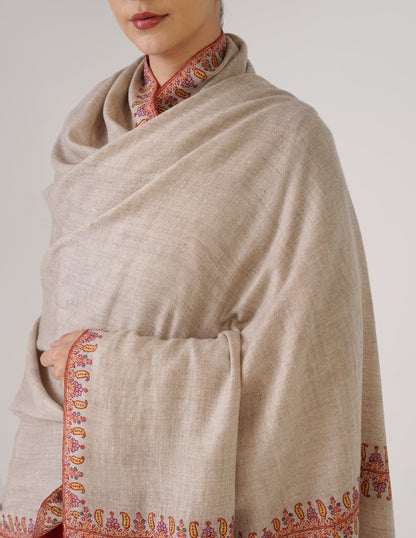 Kashmiri Handwoven Pashmina Sozni Shawl Doredaar – Natural White | Handwoven Heritage