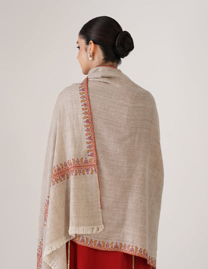 Kashmiri Handwoven Pashmina Sozni Shawl Doredaar – Natural White | Handwoven Heritage