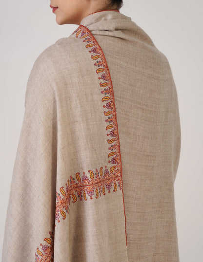 Kashmiri Handwoven Pashmina Sozni Shawl Doredaar – Natural White | Handwoven Heritage