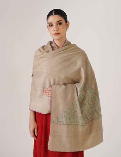 Kashmiri Handwoven Pashmina Sozni Stole Paldaar – Natural | Handwoven Heritage