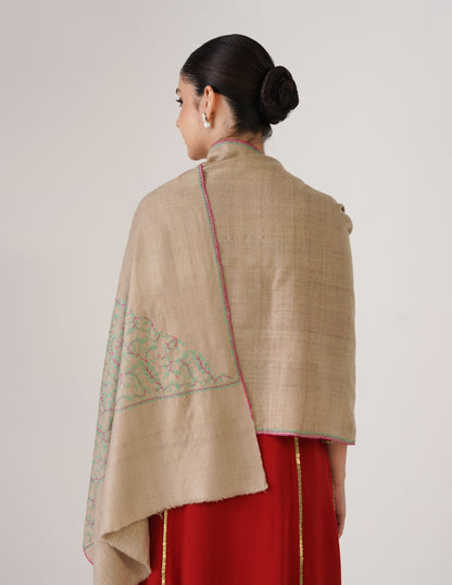 Kashmiri Handwoven Pashmina Sozni Stole Paldaar – Natural | Handwoven Heritage