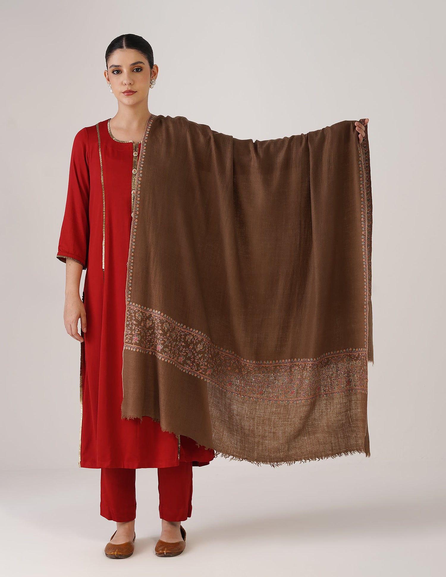 Kashmiri Handwoven Pashmina Sozni Shawl Paldaar – Natural Brown | Handwoven Heritage