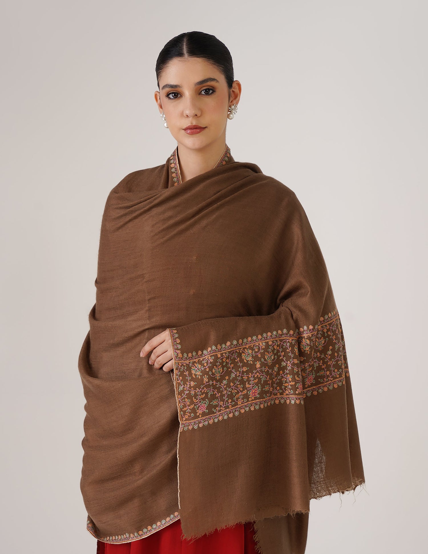 Kashmiri Handwoven Pashmina Sozni Shawl Paldaar – Natural Brown | Handwoven Heritage