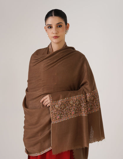 Kashmiri Handwoven Pashmina Sozni Shawl Paldaar – Natural Brown | Handwoven Heritage