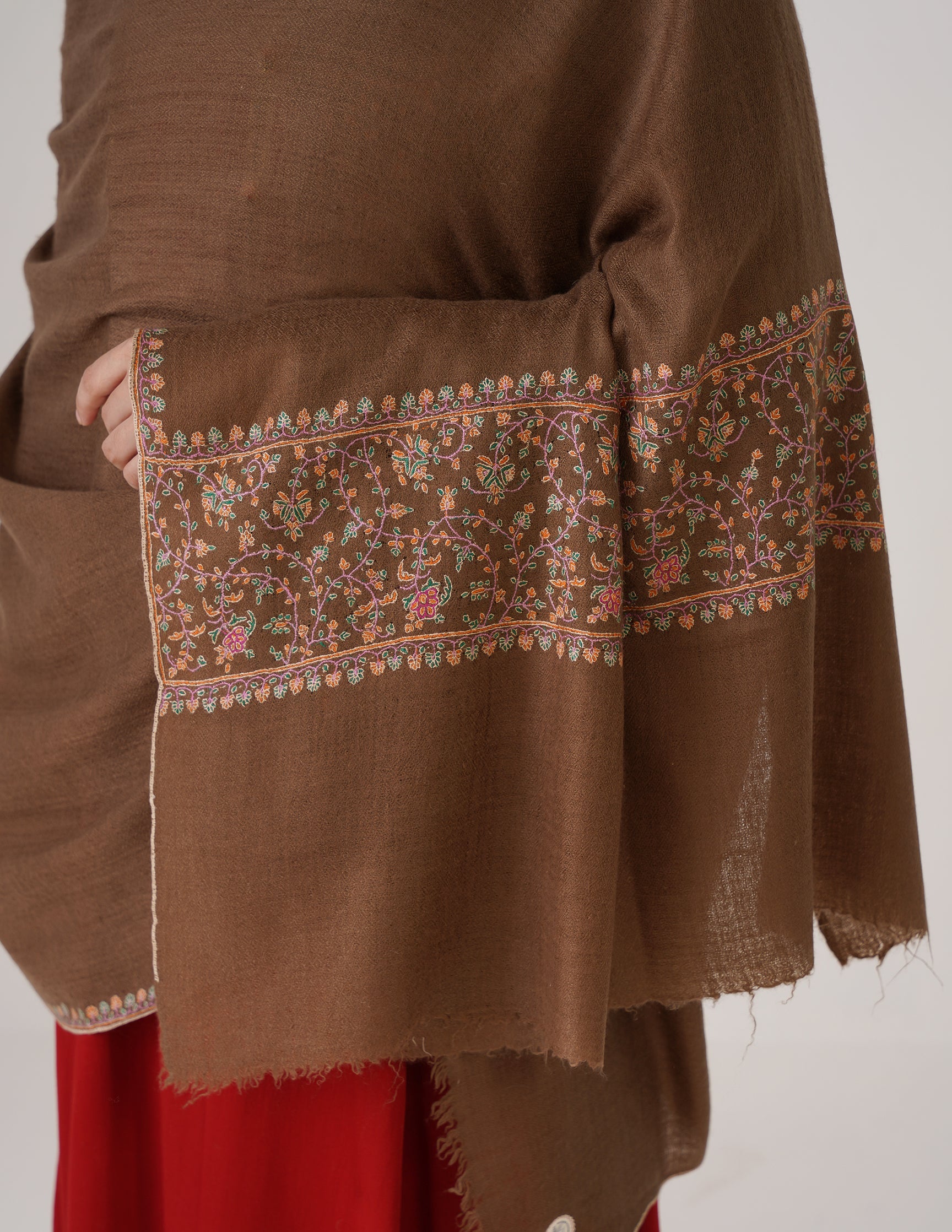 Kashmiri Handwoven Pashmina Sozni Shawl Paldaar – Natural Brown | Handwoven Heritage