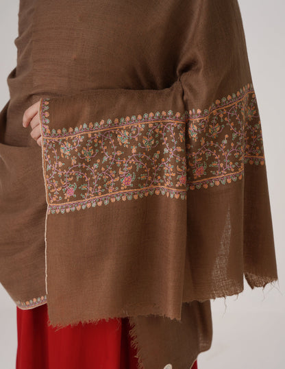 Kashmiri Handwoven Pashmina Sozni Shawl Paldaar – Natural Brown | Handwoven Heritage