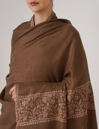 Kashmiri Handwoven Pashmina Sozni Shawl Paldaar – Natural Brown | Handwoven Heritage