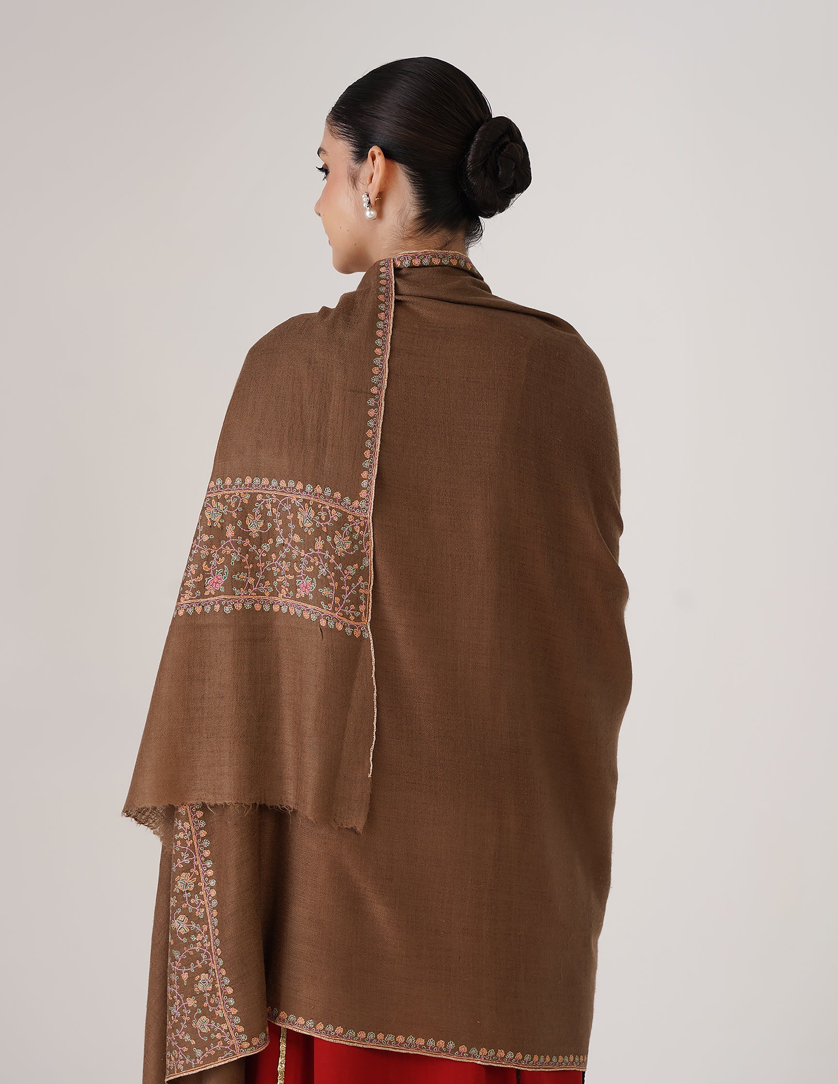 Kashmiri Handwoven Pashmina Sozni Shawl Paldaar – Natural Brown | Handwoven Heritage
