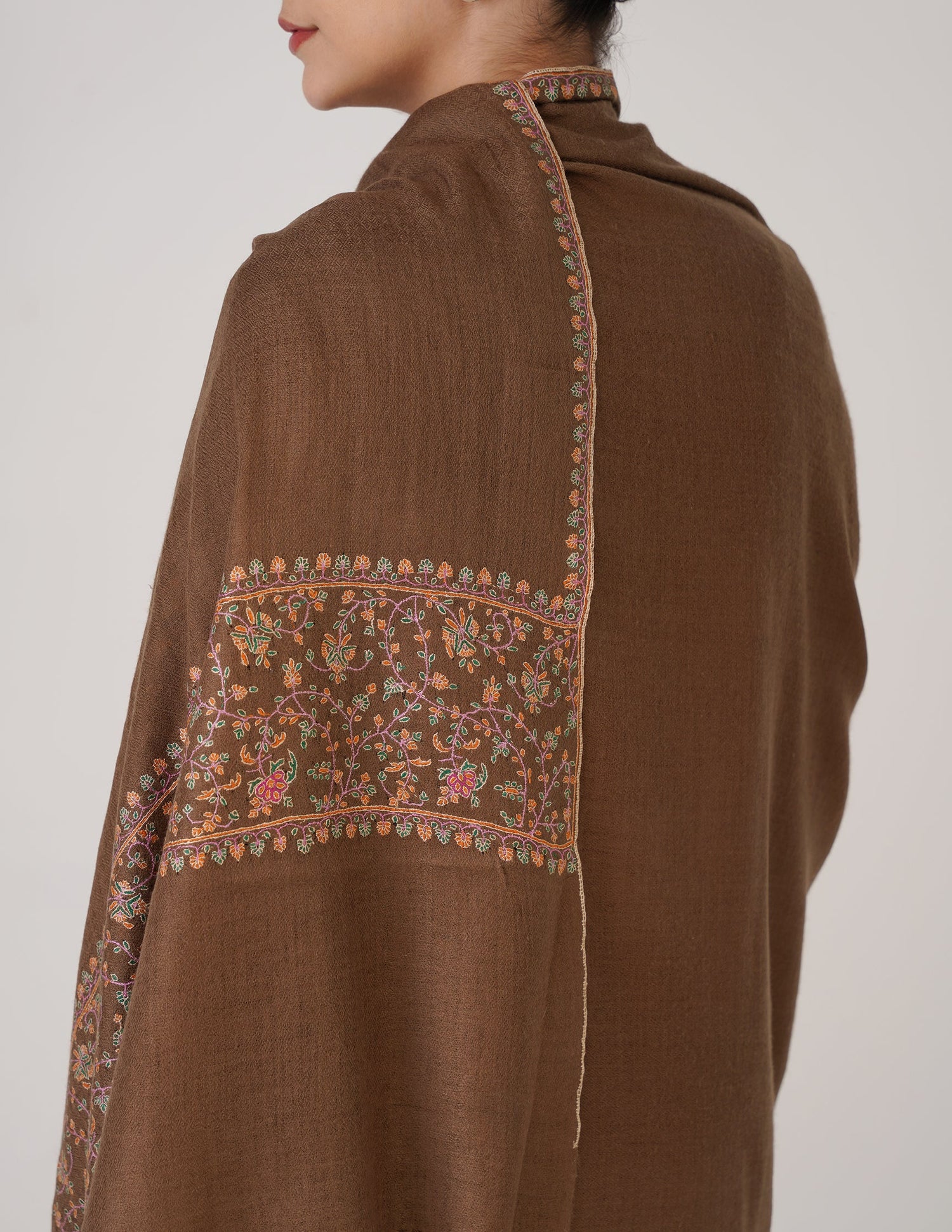 Kashmiri Handwoven Pashmina Sozni Shawl Paldaar – Natural Brown | Handwoven Heritage