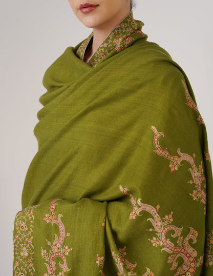 Kashmiri Handwoven Pashmina Sozni Shawl Paldaar – Mehendi Green | Handwoven Heritage