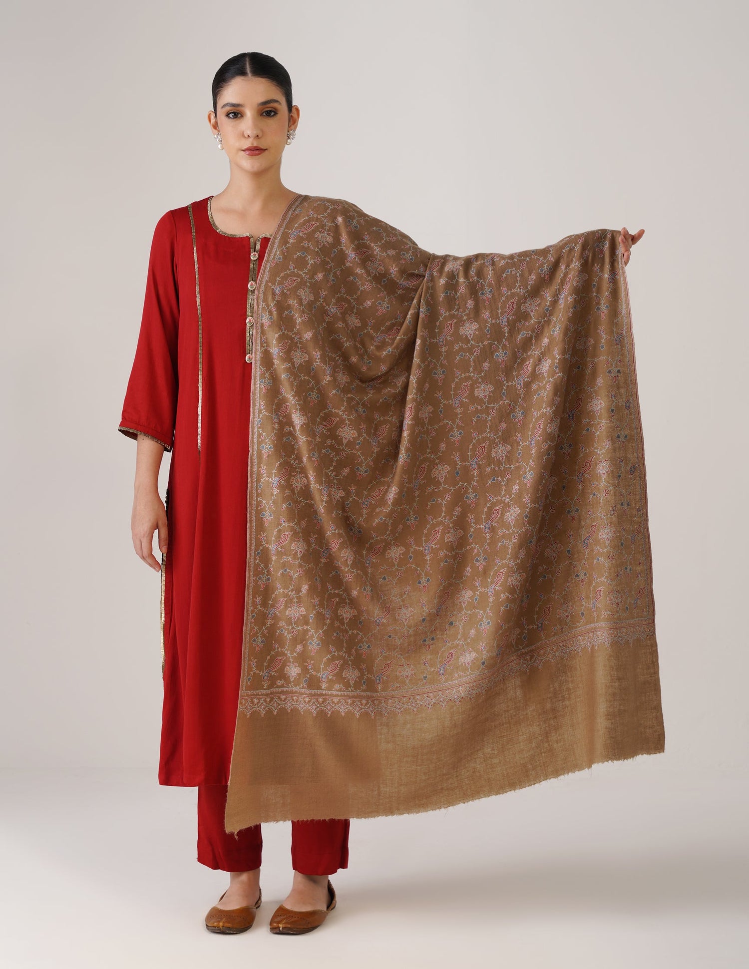 Kashmiri Handwoven Pashmina Sozni Shawl Jaalidar – Tan | Handwoven Heritage