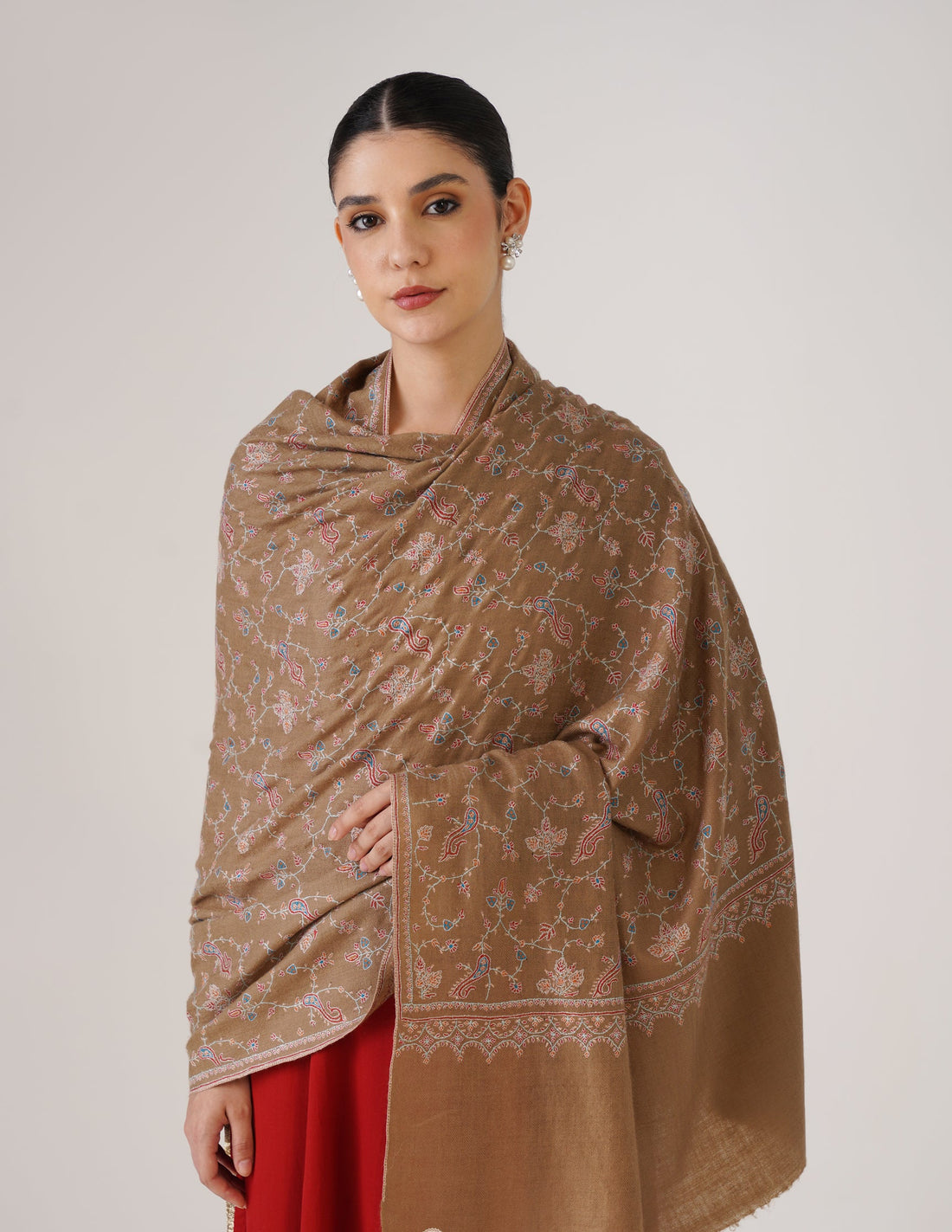 Kashmiri Handwoven Pashmina Sozni Shawl Jaalidar – Tan | Handwoven Heritage