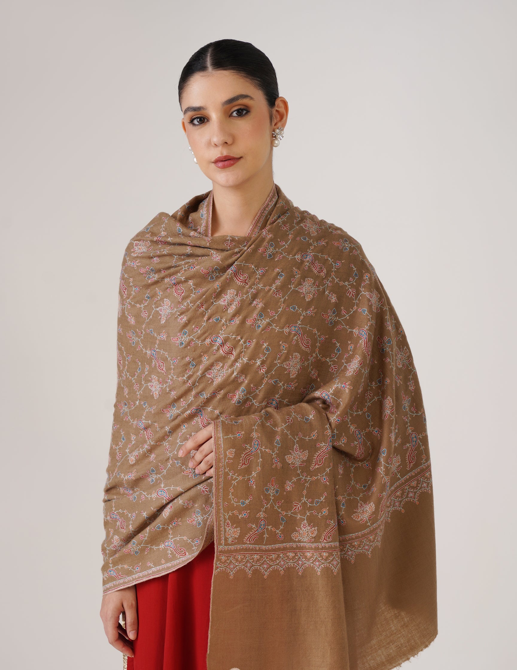 Kashmiri Handwoven Pashmina Sozni Shawl Jaalidar – Tan | Handwoven Heritage