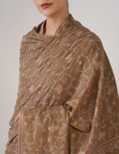 Kashmiri Handwoven Pashmina Sozni Shawl Jaalidar – Tan | Handwoven Heritage