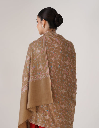 Kashmiri Handwoven Pashmina Sozni Shawl Jaalidar – Tan | Handwoven Heritage