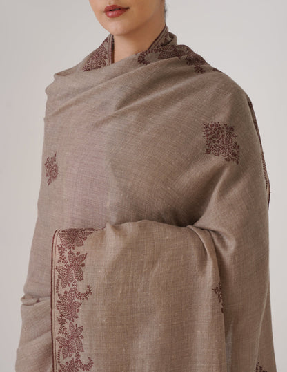 Kashmiri Handwoven Pashmina Sozni Shawl Bootidar – Natural | Brown Heritage - Kashmir Box