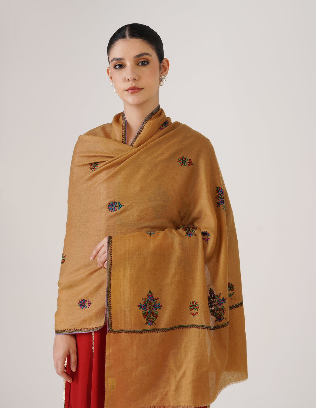 Kashmiri Handwoven Pashmina Sozni Stole Bootidar – Mustard | Multicolour Heritage - Kashmir Box
