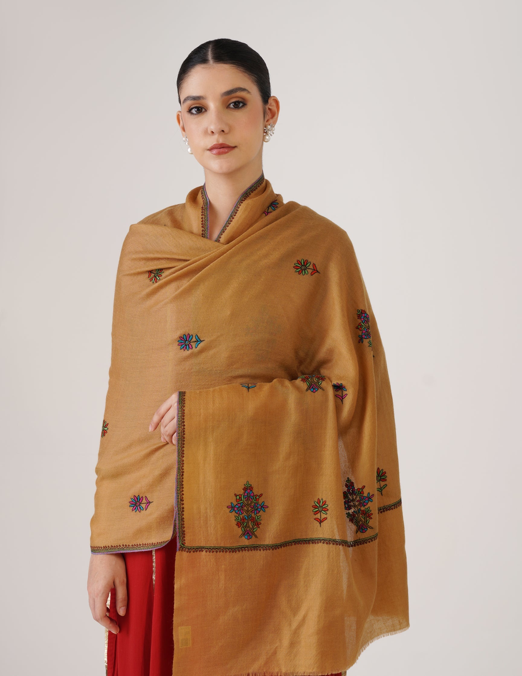 Kashmiri Handwoven Pashmina Sozni Stole Bootidar – Mustard | Multicolour Heritage - Kashmir Box