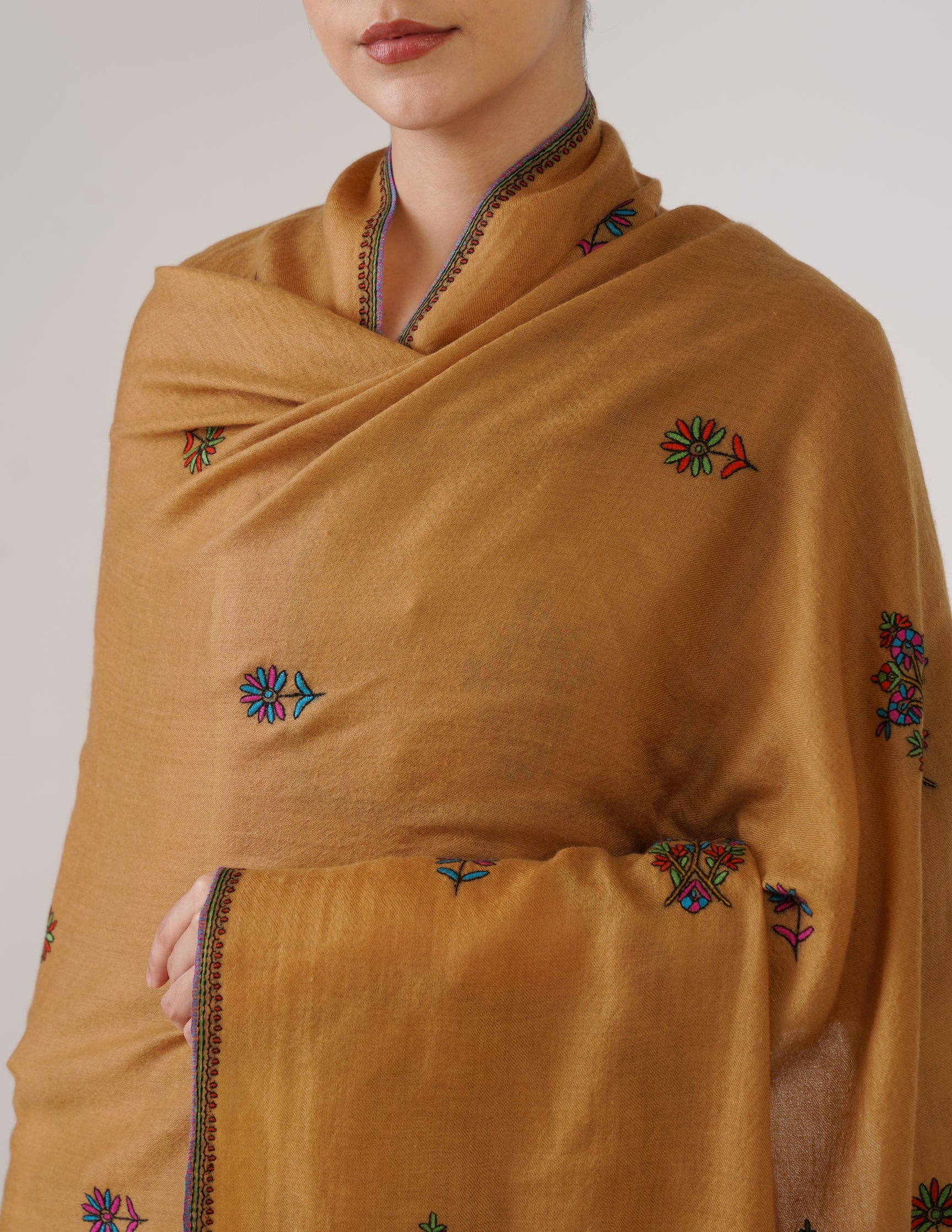 Kashmiri Handwoven Pashmina Sozni Stole Bootidar – Mustard | Multicolour Heritage - Kashmir Box
