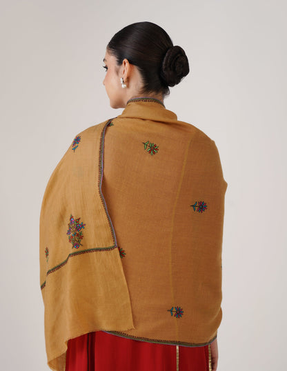 Kashmiri Handwoven Pashmina Sozni Stole Bootidar – Mustard | Multicolour Heritage - Kashmir Box