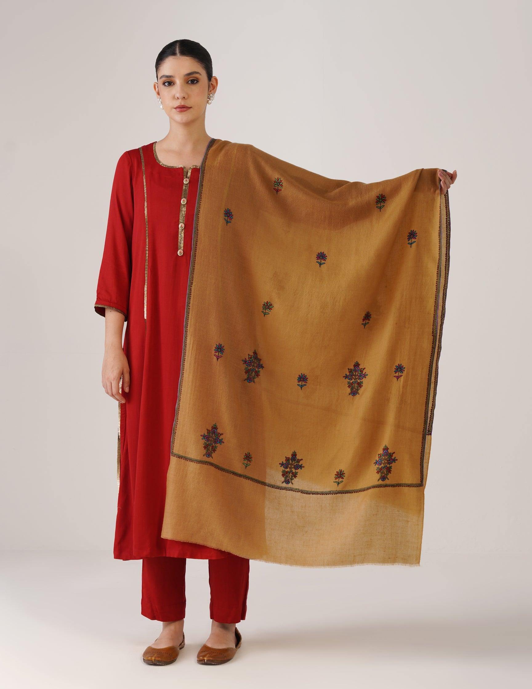 Kashmiri Handwoven Pashmina Sozni Stole Bootidar – Mustard | Multicolour Heritage - Kashmir Box