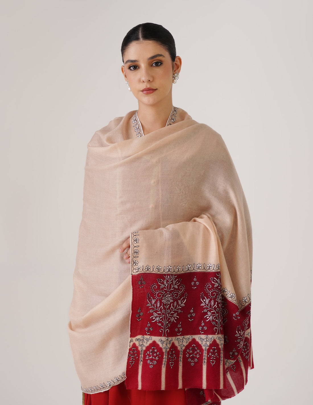 Kashmiri Handwoven Pashmina Sozni Shawl Modern Design – Almond | White & Black Heritage - Kashmir Box