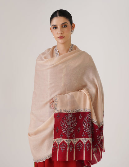 Kashmiri Handwoven Pashmina Sozni Shawl Modern Design – Almond | White &amp; Black Heritage - Kashmir Box