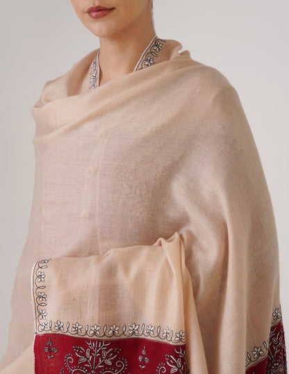 Kashmiri Handwoven Pashmina Sozni Shawl Modern Design – Almond | White &amp; Black Heritage - Kashmir Box