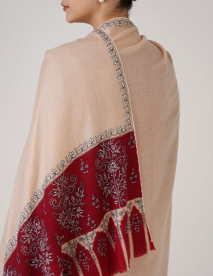 Kashmiri Handwoven Pashmina Sozni Shawl Modern Design – Almond | White &amp; Black Heritage - Kashmir Box