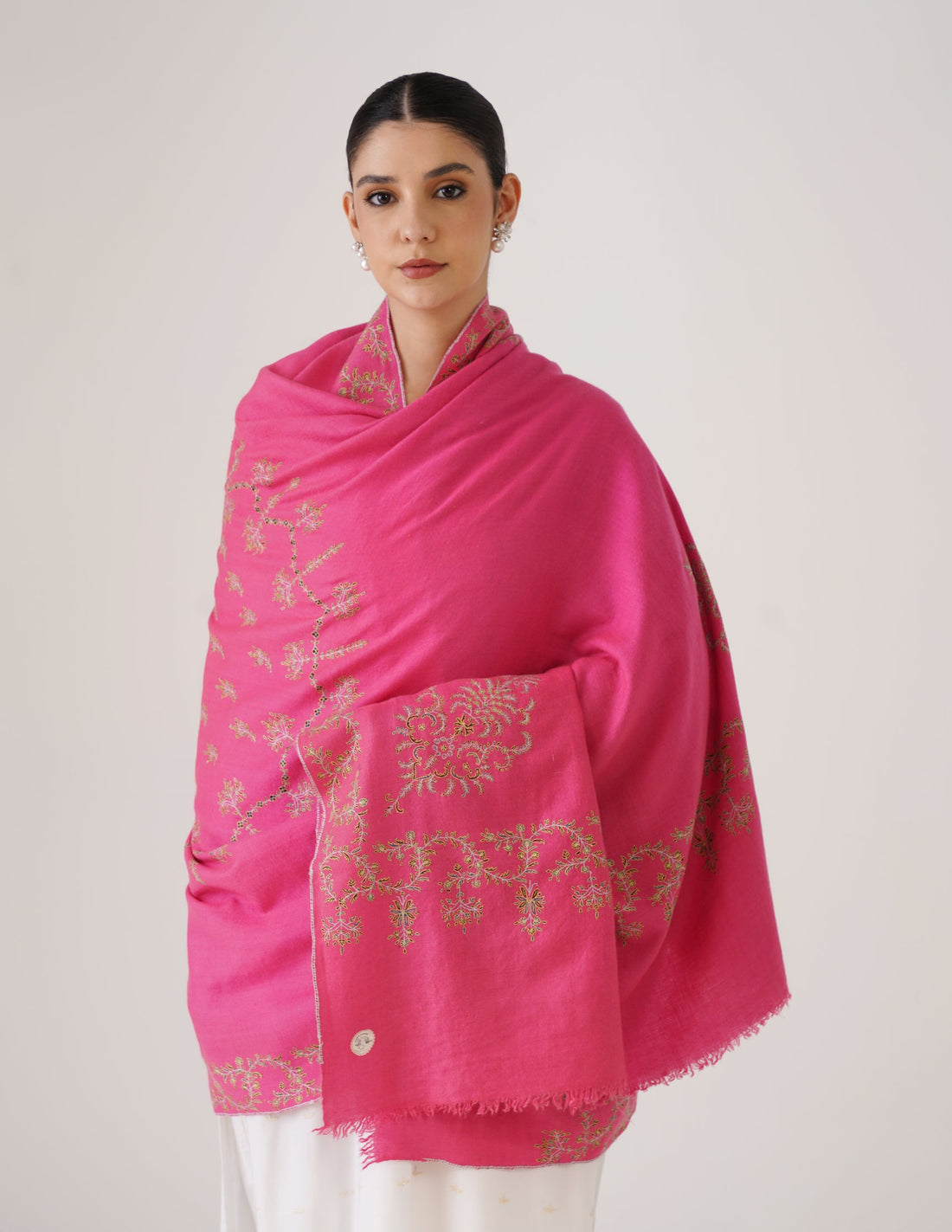 Kashmiri Handwoven Pashmina Sozni Shawl Doredaar – Pink | Handwoven Heritage