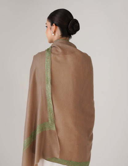 Kashmiri Handwoven Pashmina Sozni Shawl Doredaar – Natural Brown | Green Heritage - Kashmir Box