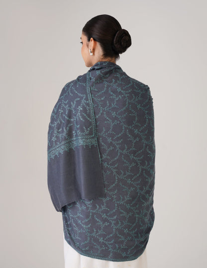 Kashmiri Handwoven Pashmina Sozni Shawl Jaalidar – Blue Grey | Sea Green Heritage - Kashmir Box