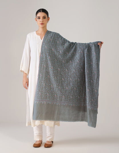 Kashmiri Handwoven Pashmina Sozni-Tilla Shawl – Olive Green | Heritage Luxury