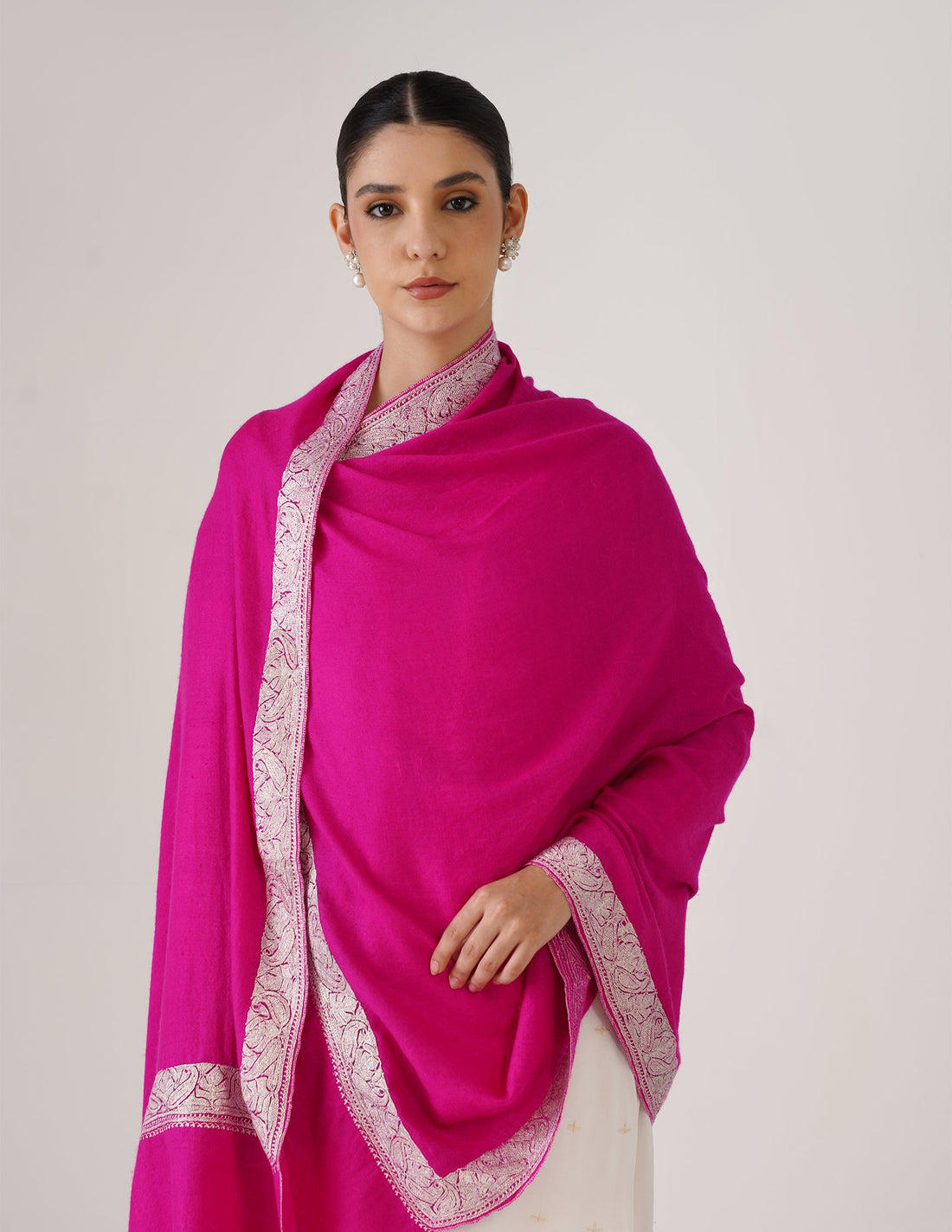 Kashmiri Handwoven Pashmina Tilla Shawl Neemdore – Pink & Silver | Handwoven Heritage - Kashmir Box